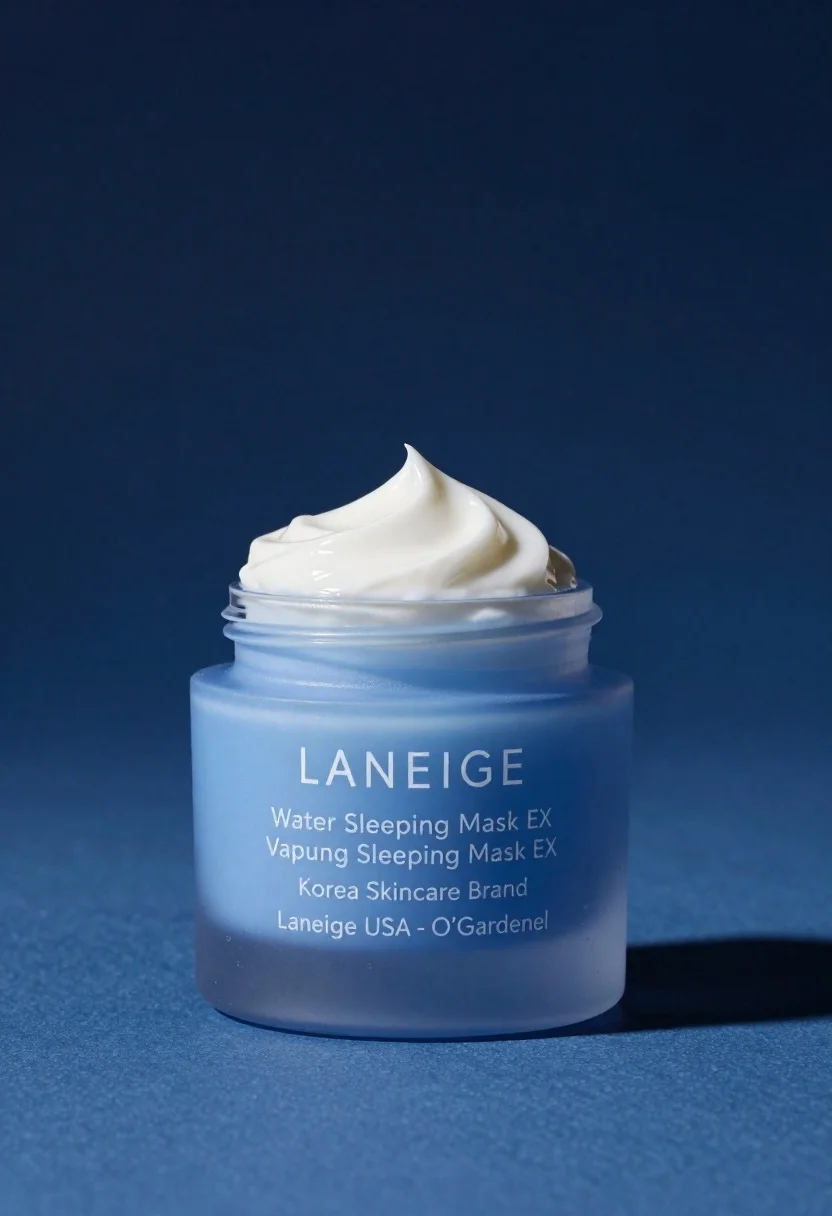 Light blue frosted glass jar of sleeping mask with creamy white swirl - AI generated image prompt sample
