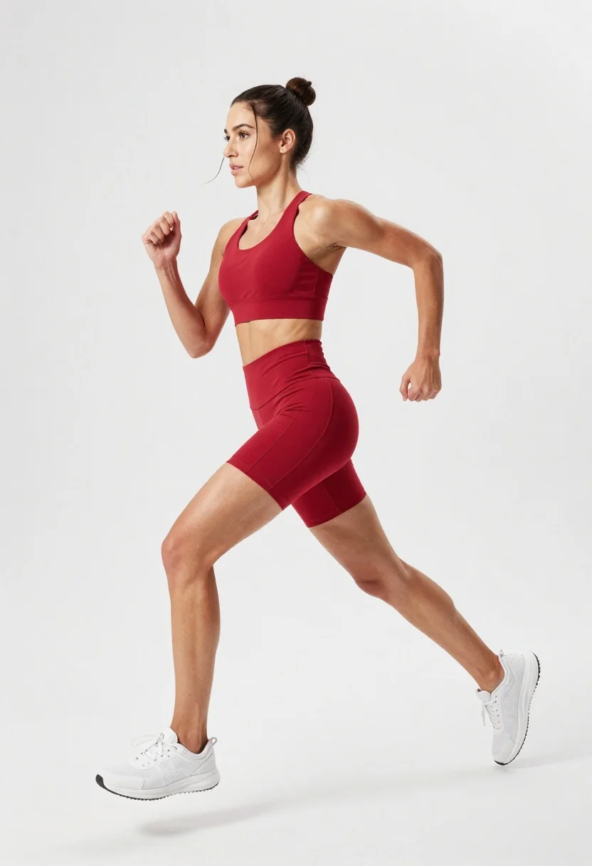Fit woman in red athletic wear running on white background - AI generated image prompt sample