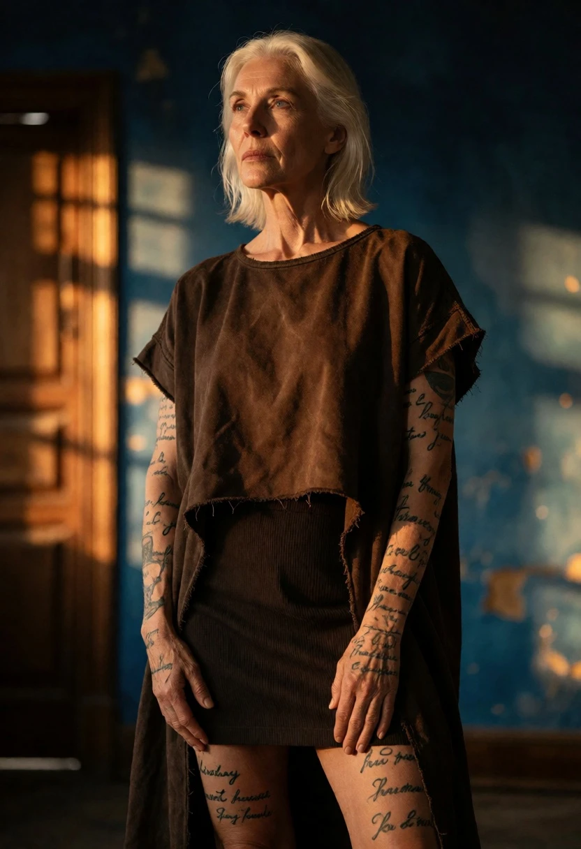 Older woman with blonde hair tattoos in dimly lit blue room - AI generated image prompt sample