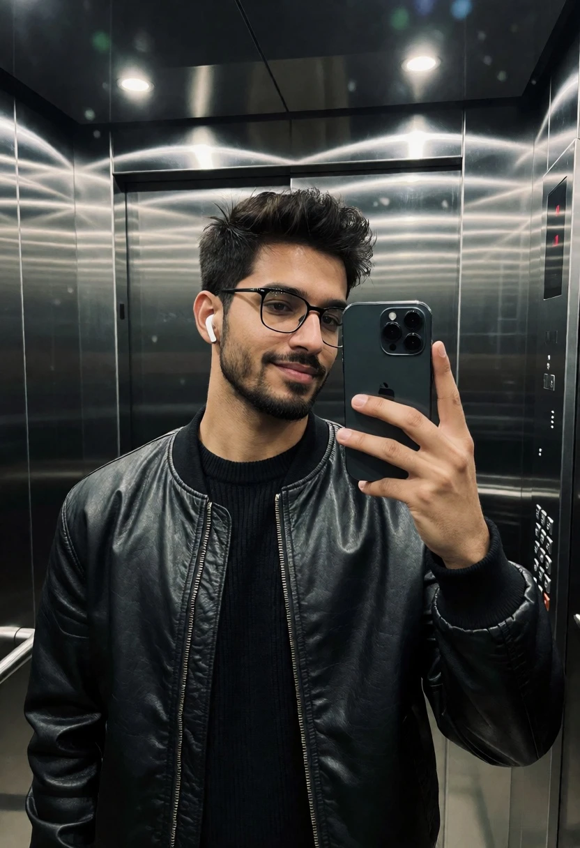 Medium shot mirror selfie of man in black bomber jacket inside elevator - AI generated image prompt sample