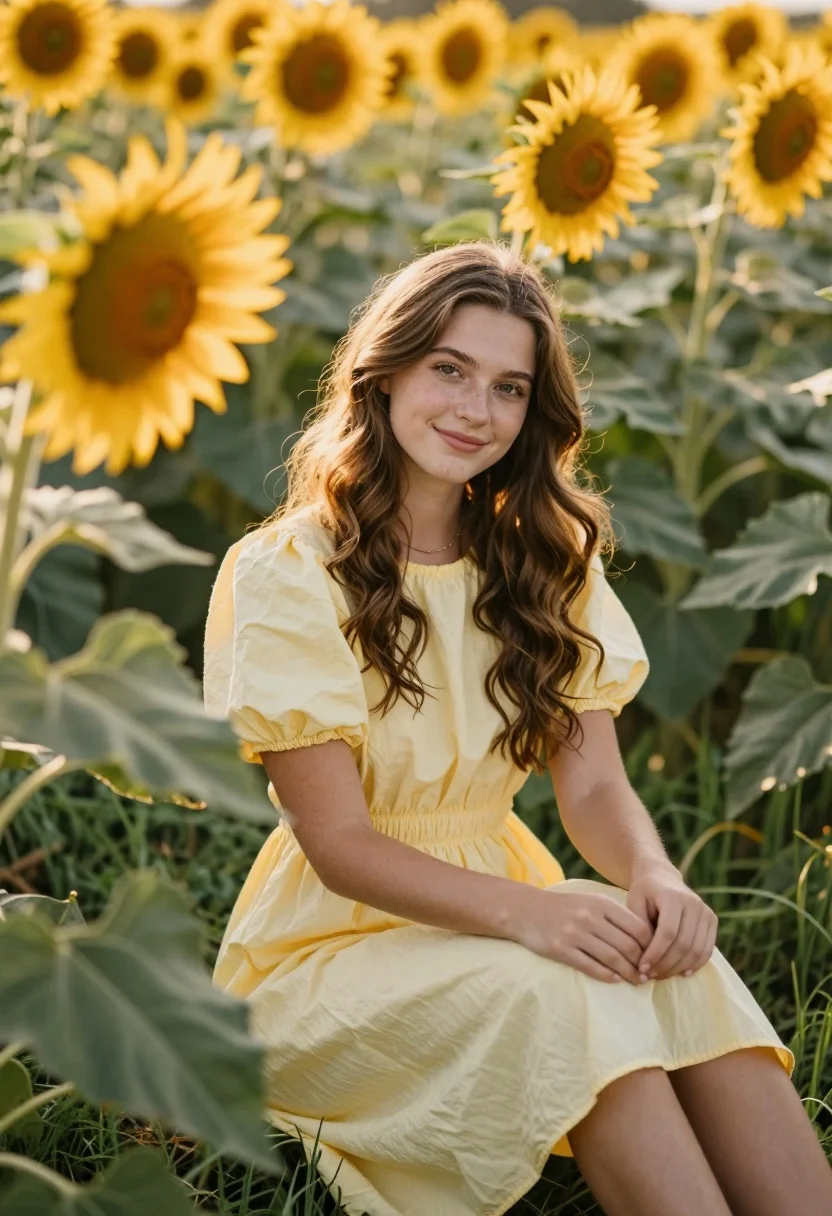 Young woman in yellow dress sitting among tall sunflowers in golden sunlight - AI generated image prompt sample