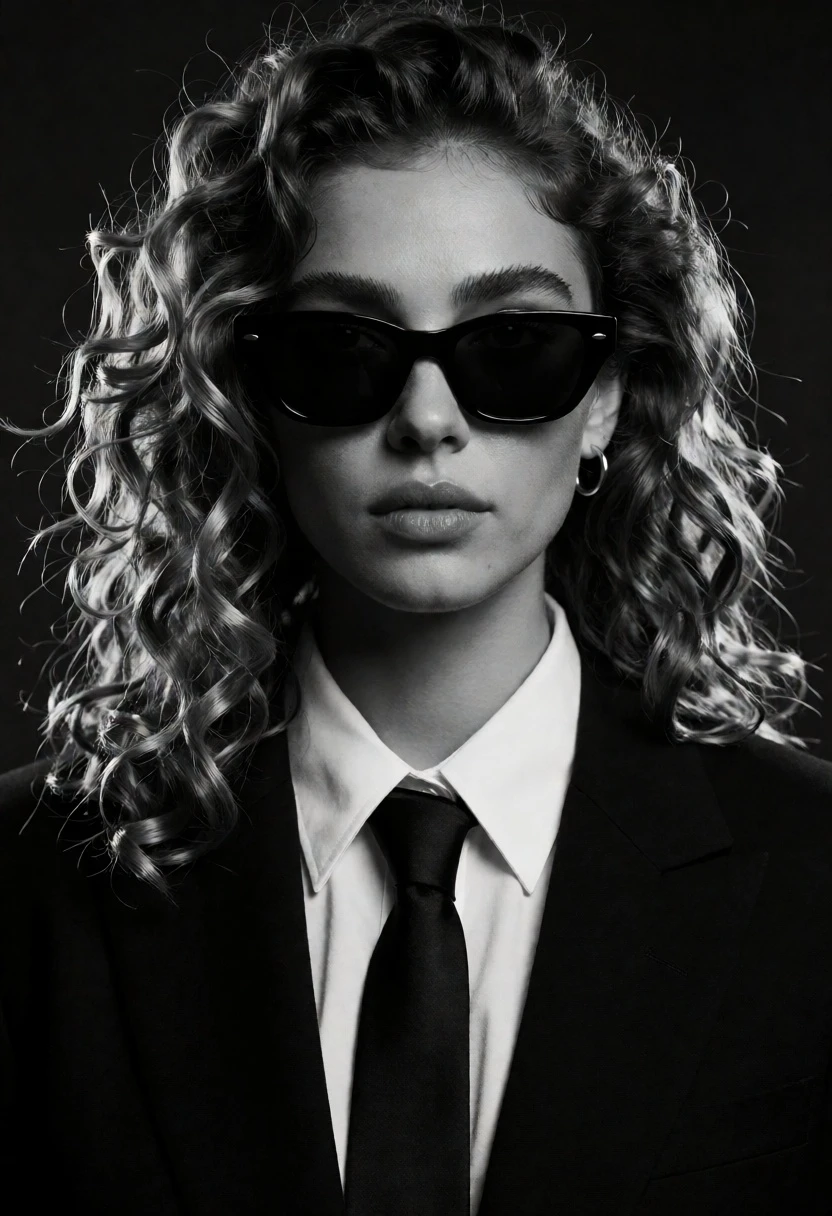 Black and white portrait of woman in blazer with curly hair - AI generated image prompt sample