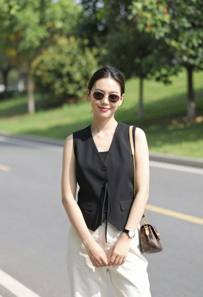 Stylish young woman in black vest standing on paved road near green