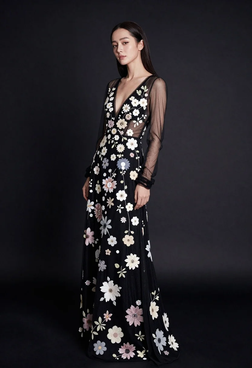 Full body portrait of woman in embellished black gown against dark studio
