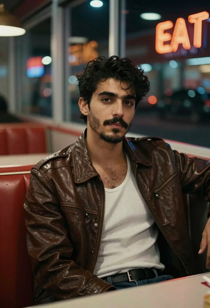 Man in leather jacket sitting in a dimly lit diner booth