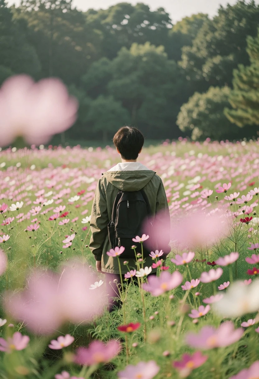 Solitary figure in olive jacket standing amidst pink and white cosmos flowers - AI generated image prompt sample