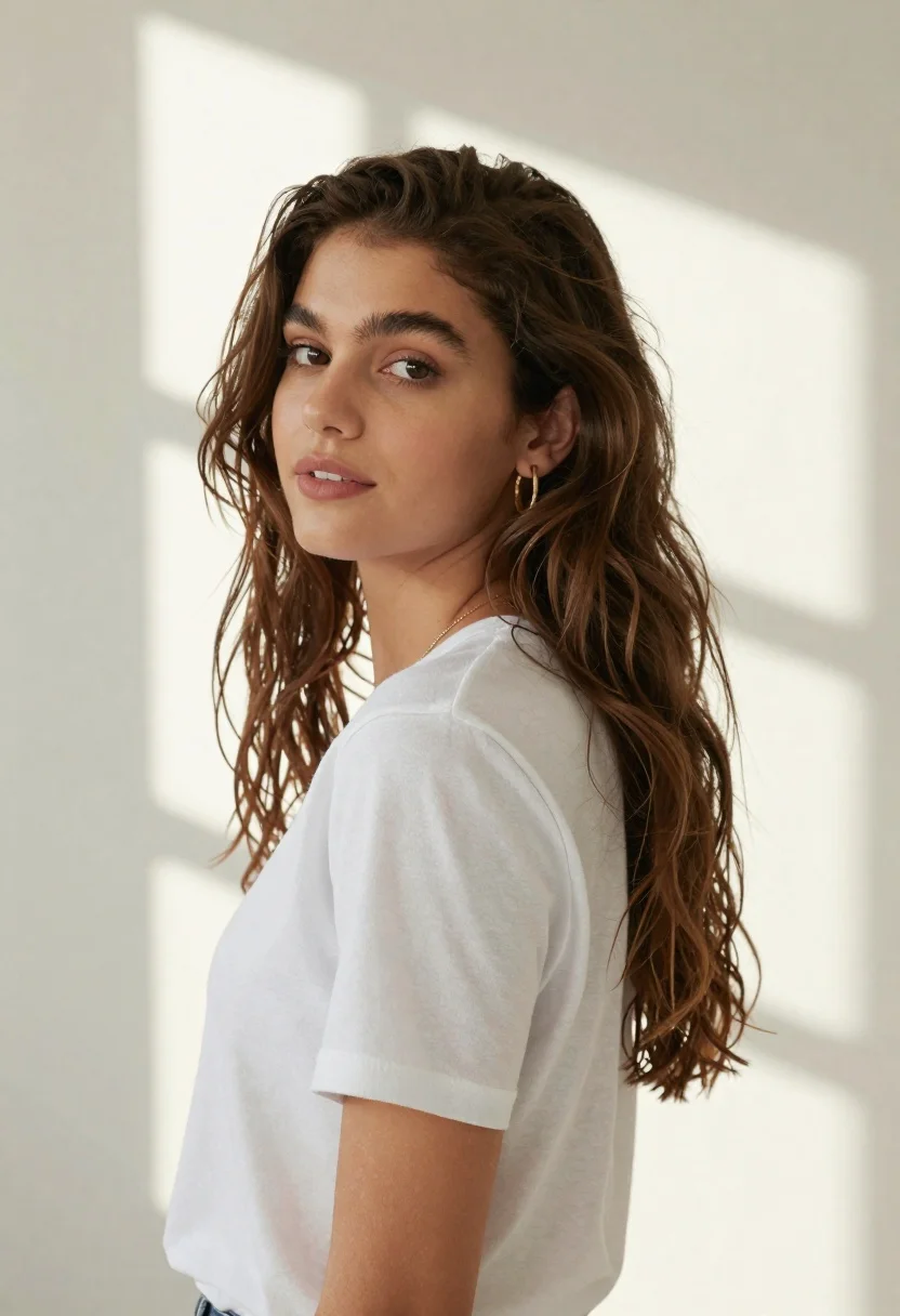 Woman in white tshirt against striped sunlight backdrop