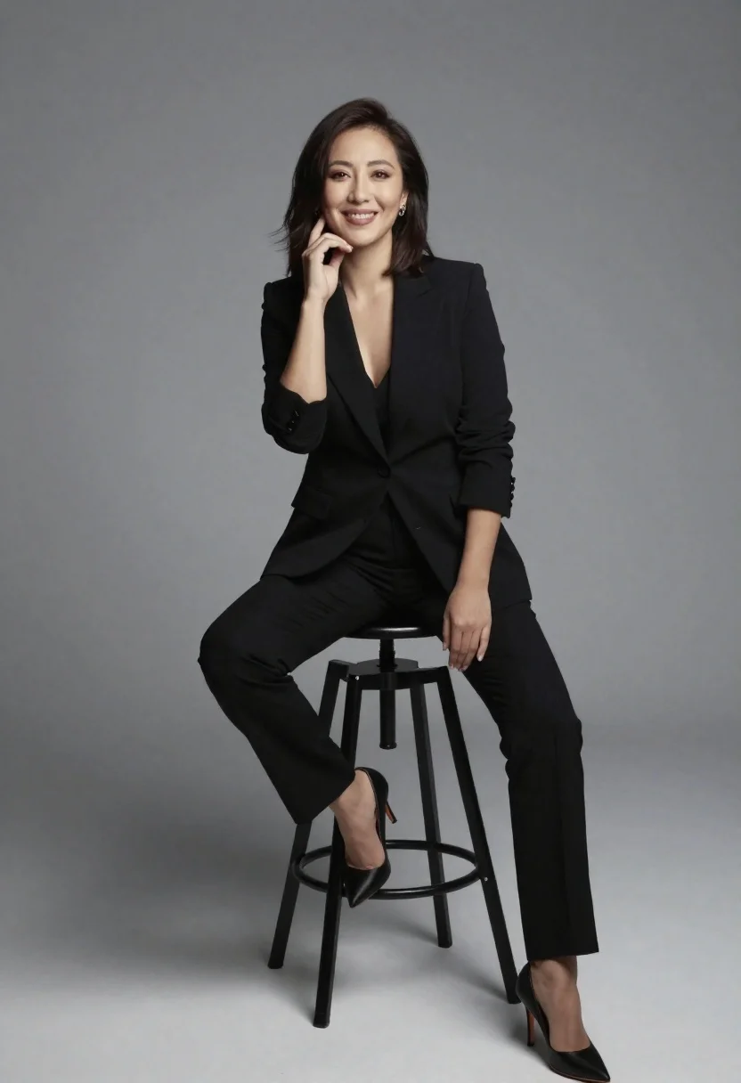 Portrait of confident woman in black blazer studio setting