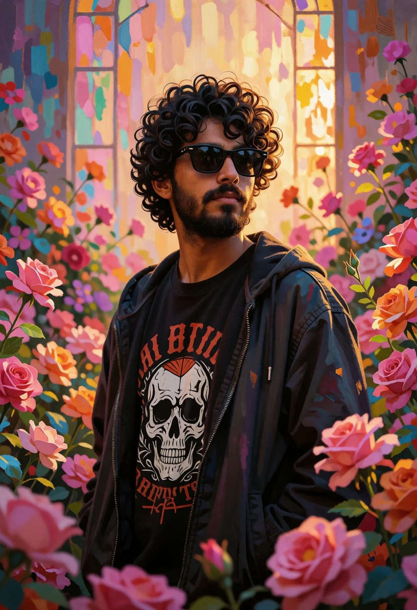 Man in black tshirt standing in vibrant pink flower field under golden - AI generated image prompt sample