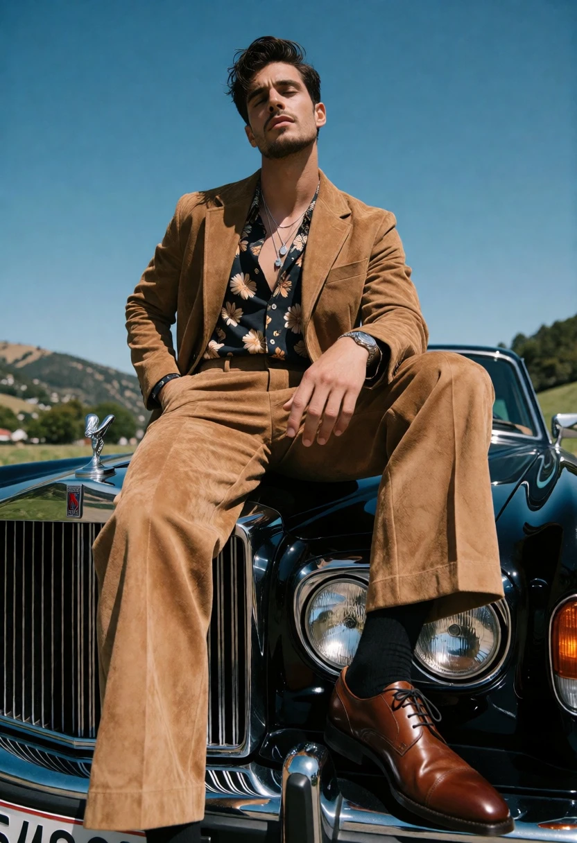 Handsome man in tan suede suit on classic black luxury car outdoors - AI generated image prompt sample