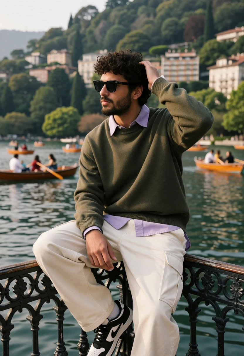 Young man seated on railing by lake with boats and hillside background - AI generated image prompt sample