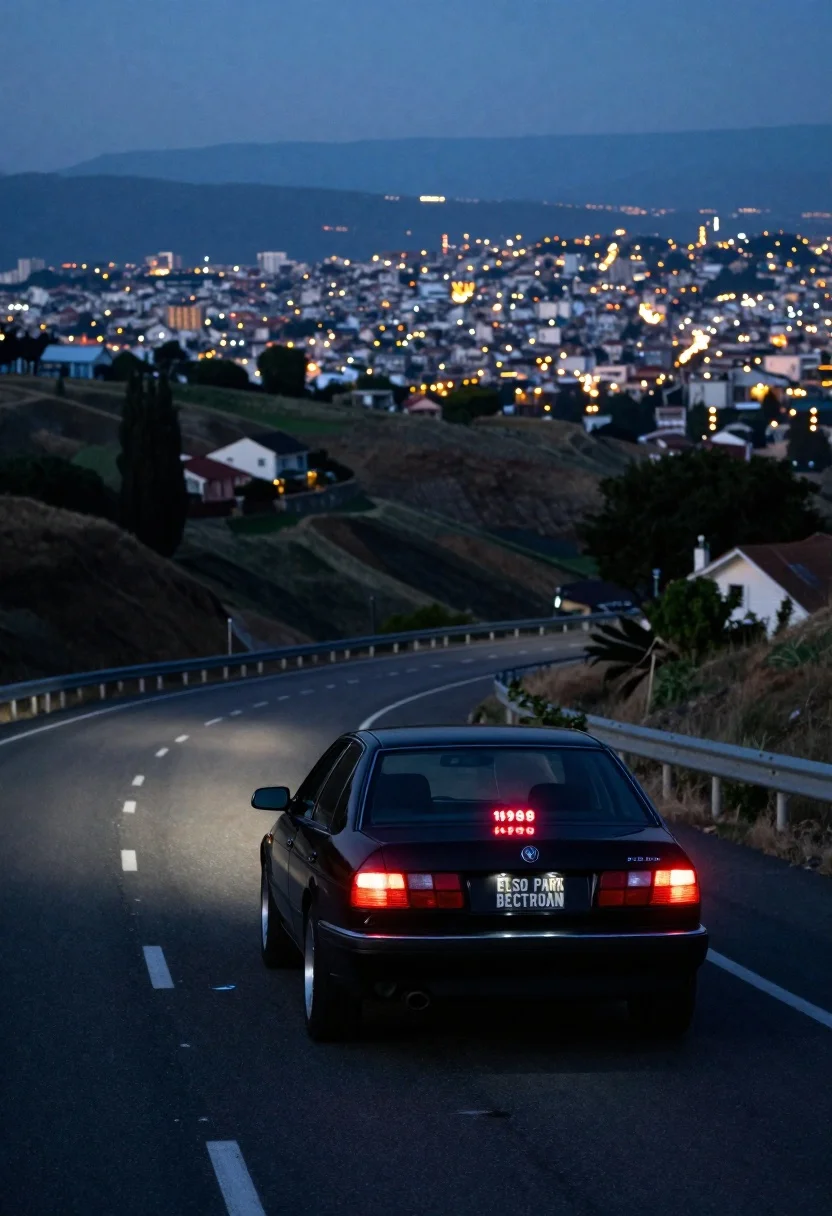 Black sedan on highway winding through hilly landscape at dusk