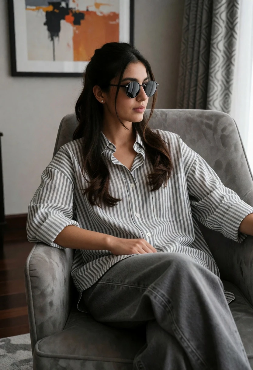 Young woman in striped shirt sitting in armchair with dark wood background - AI generated image prompt sample