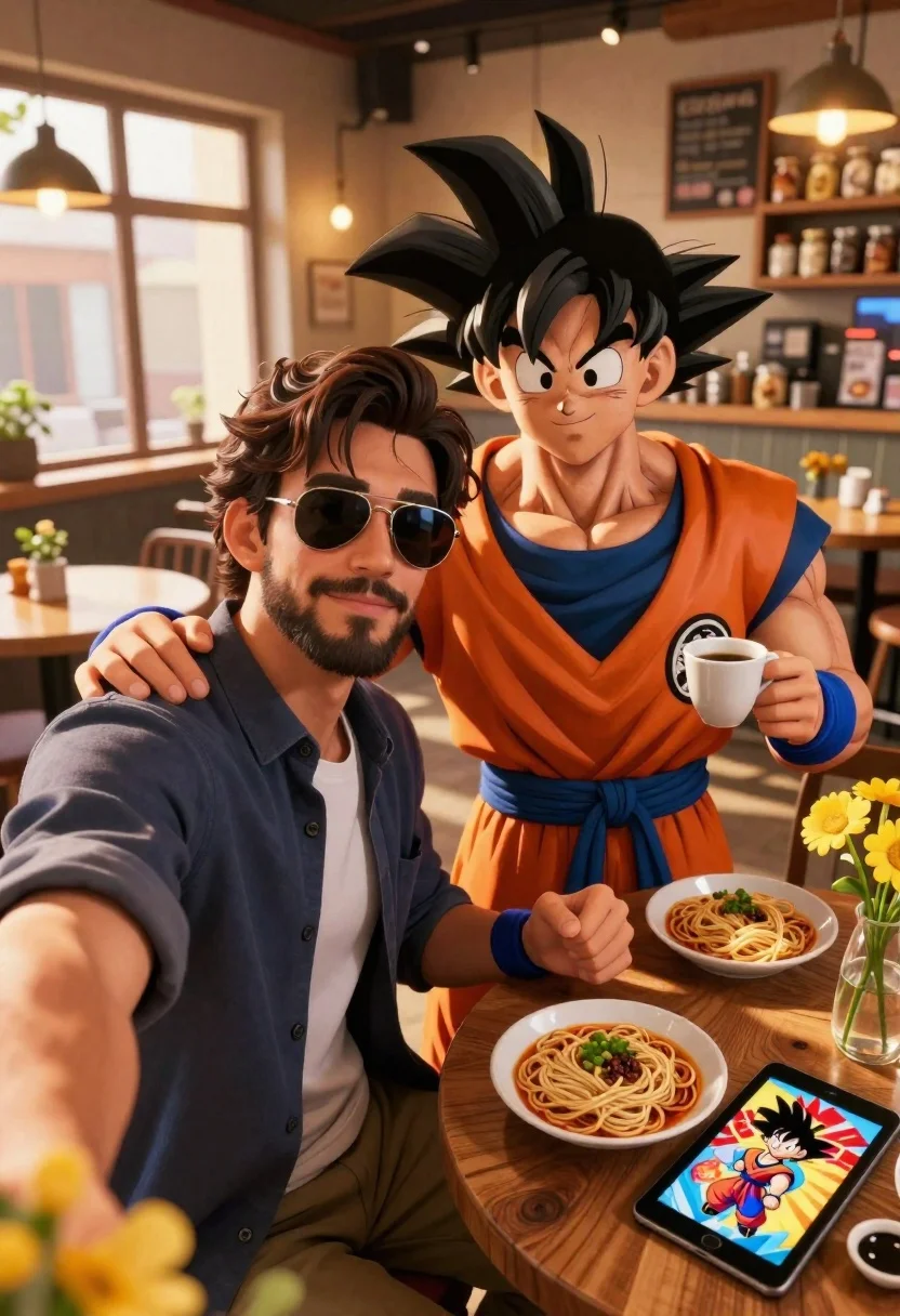 Handsome man taking a selfie with anime character goku in a cozy - AI generated image prompt sample