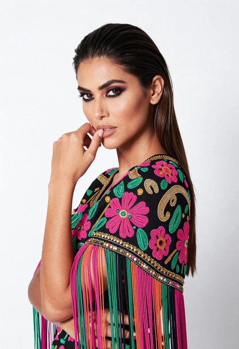 Confident woman in black beaded garment posing against white studio background