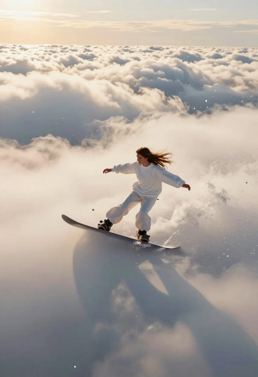 Woman snowboarding above clouds during golden hour