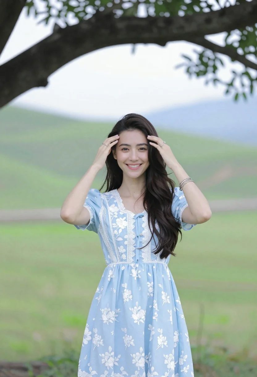 Smiling young woman in blue floral dress standing under tree branch - AI generated image prompt sample