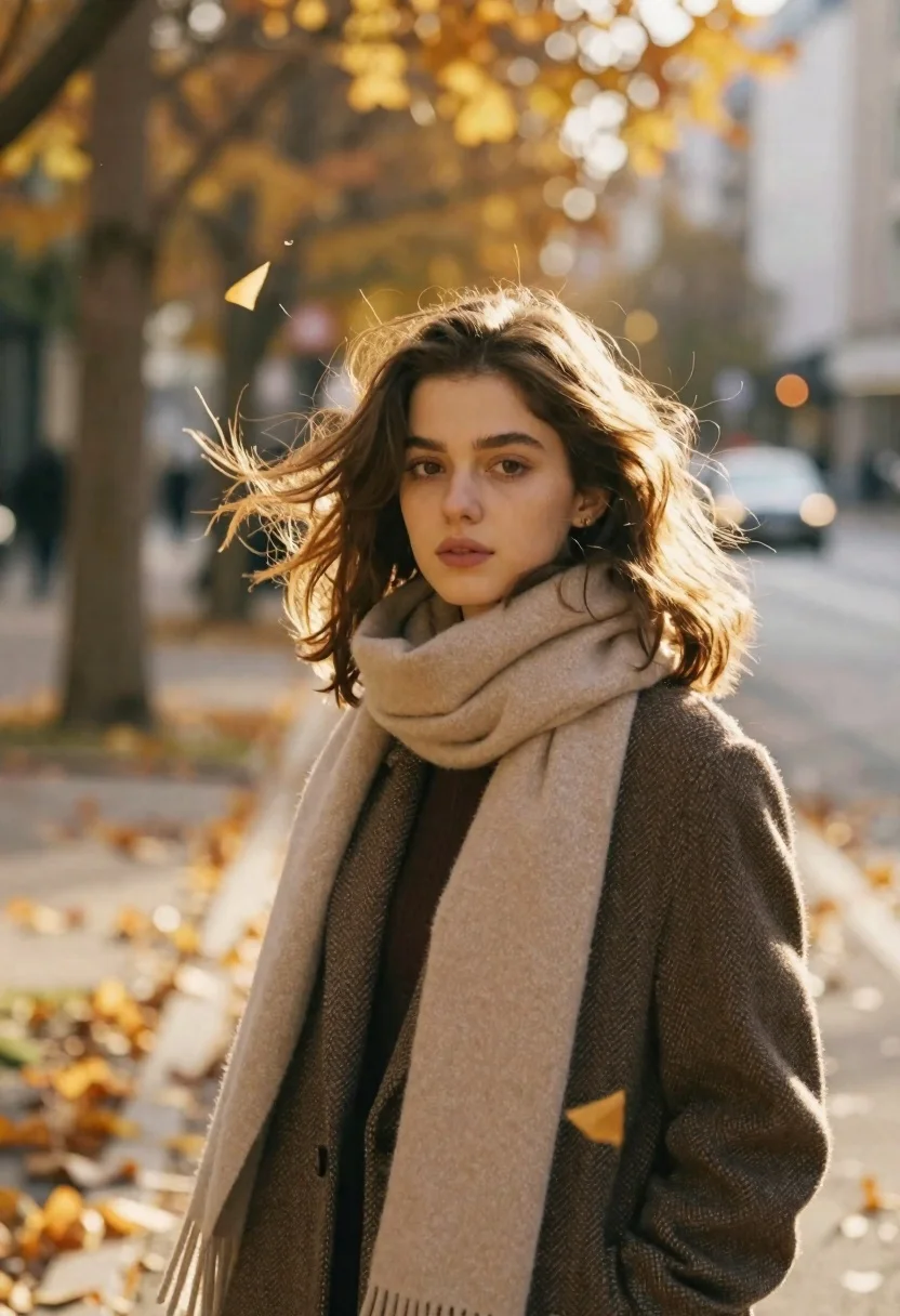 Young woman in tweed coat on autumn city street during golden hour - AI generated image prompt sample