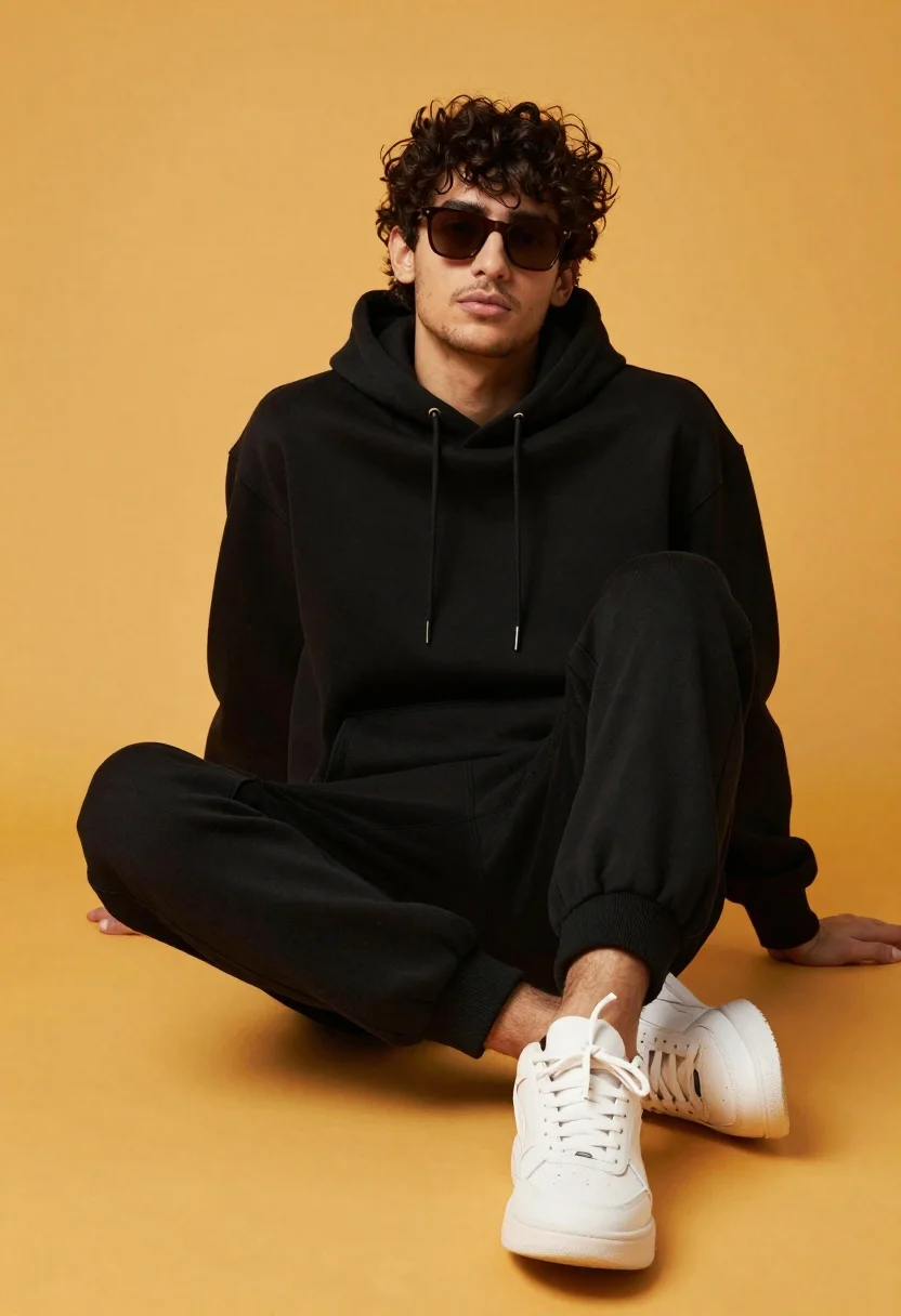 Stylish young man in black hoodie and sweatpants sitting against yellow background - AI generated image prompt sample