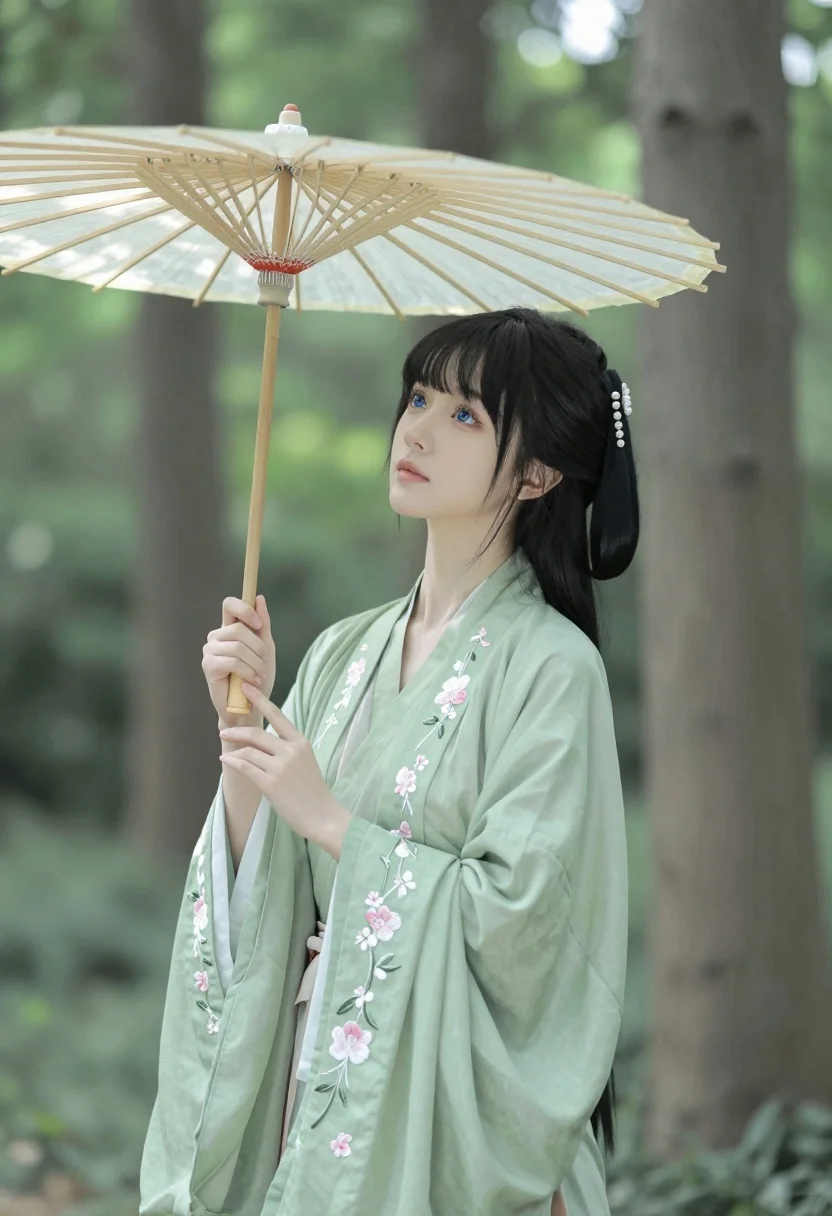 Young woman in sage green hanfu robe holding parasol in sunlit forest - AI generated image prompt sample