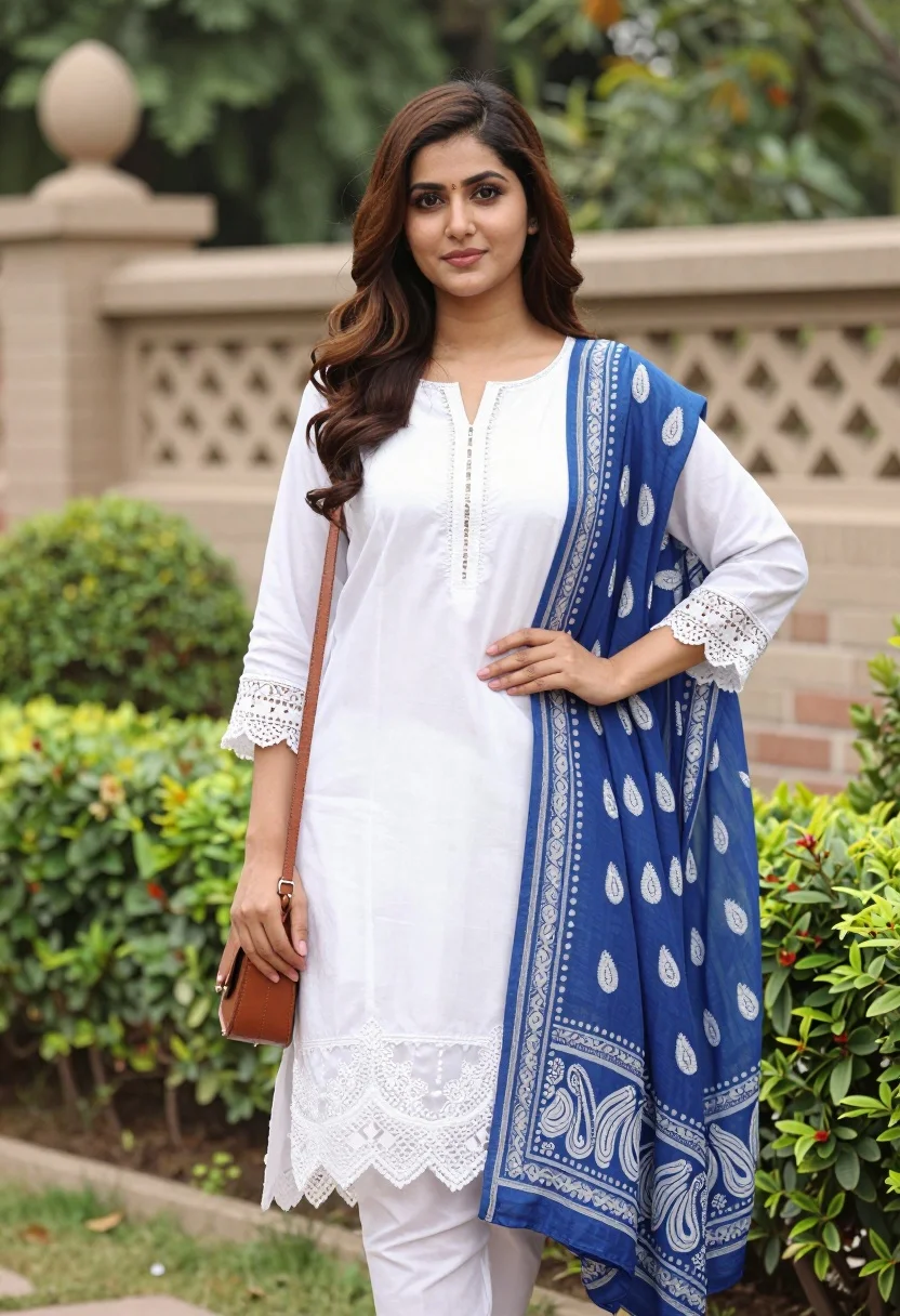 Young woman in traditional south asian attire standing in lush garden setting - AI generated image prompt sample