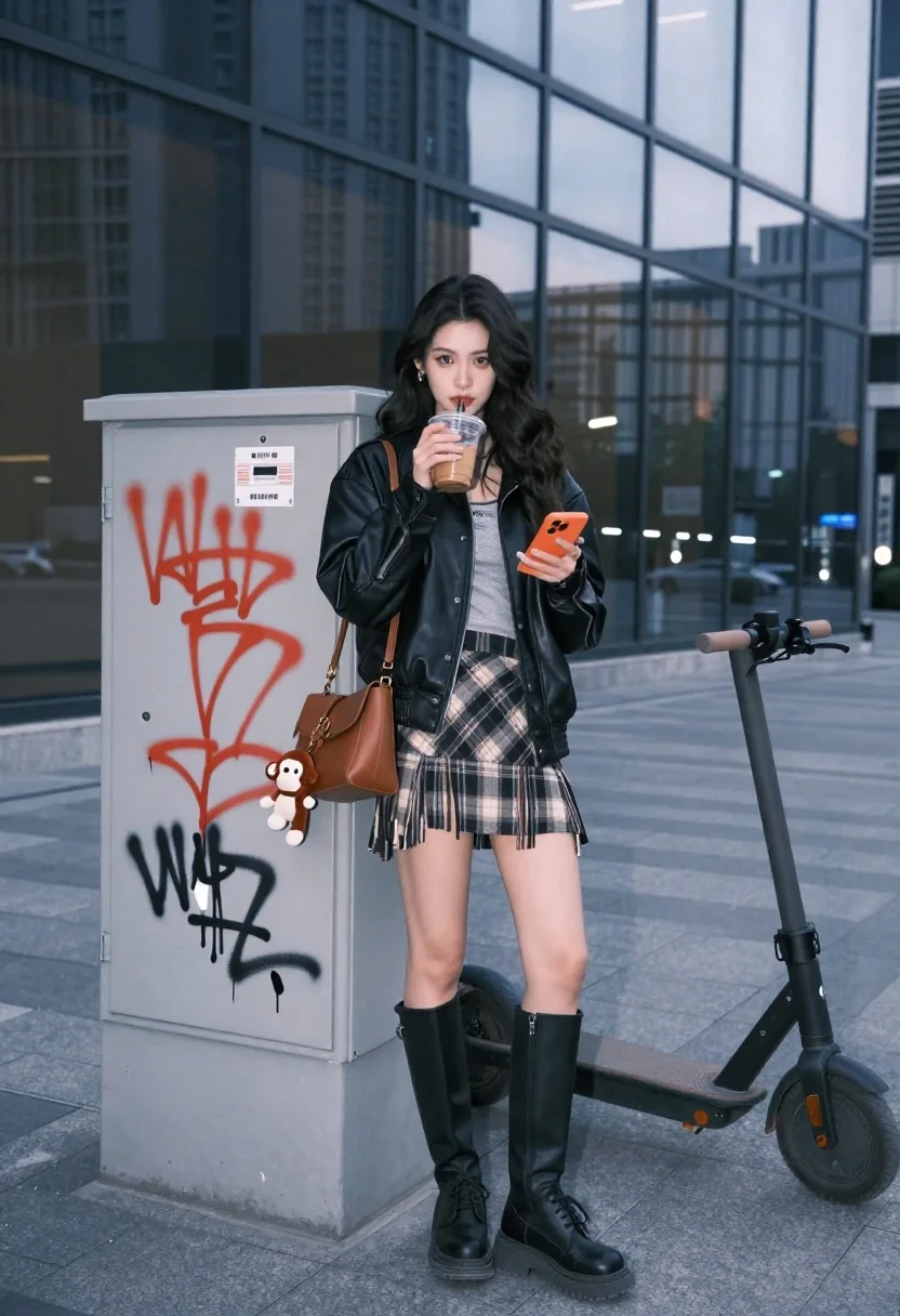 Young woman in leather jacket standing by graffiti box with scooter - AI generated image prompt sample