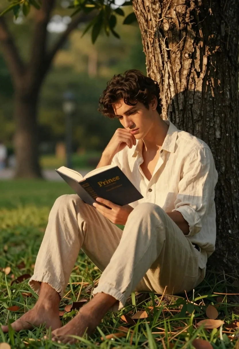 Young man reading a book while leaning against a tree trunk - AI generated image prompt sample