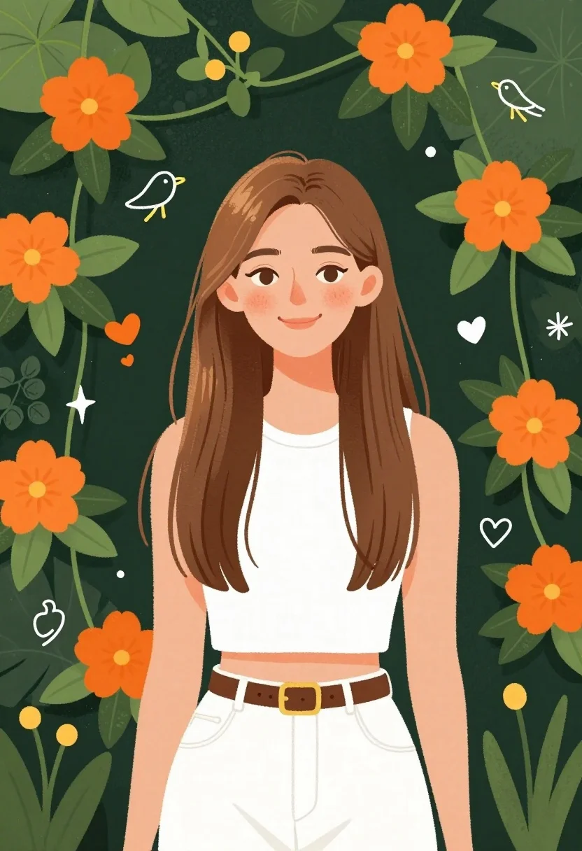 Young woman in white top standing in lush garden with orange flowers - AI generated image prompt sample