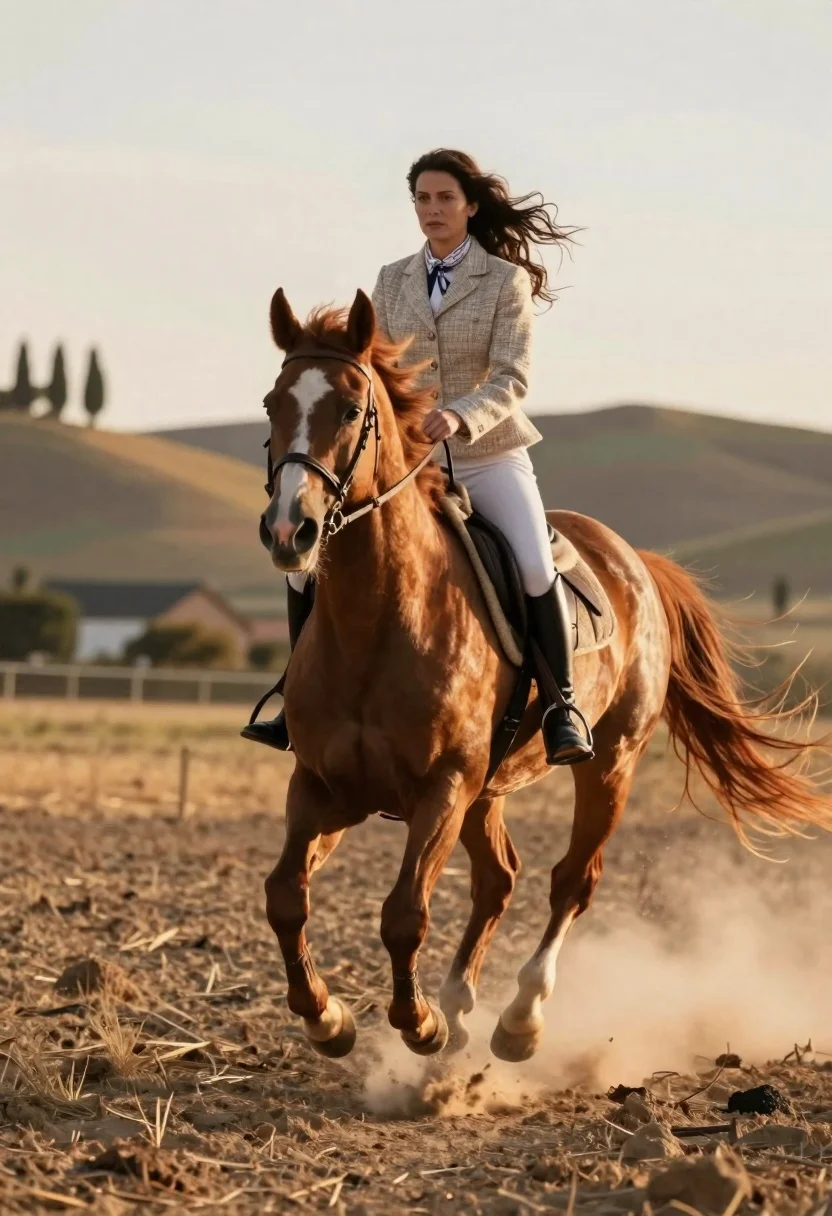 Woman riding chestnut horse galloping across dusty rural field at golden hour - AI generated image prompt sample
