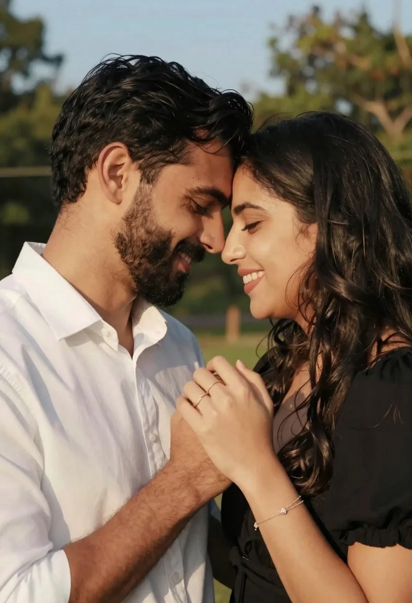 Romantic portrait of smiling couple embracing outdoors in soft golden light