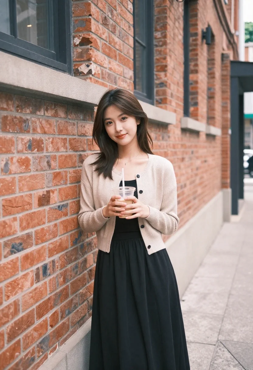 Brunette woman leaning on a brick wall in alleyway