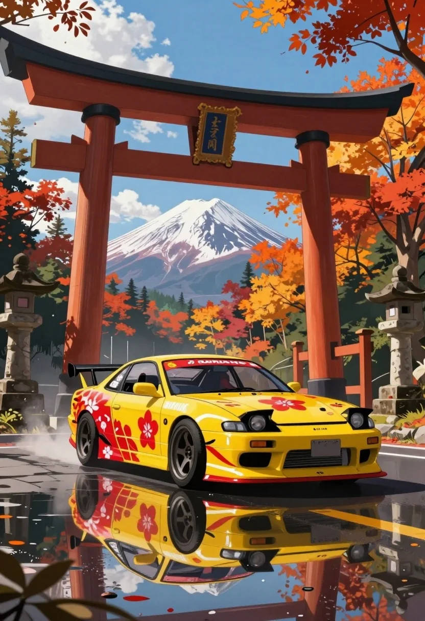 Yellow japanese drift car parked under torii gate near mount fuji - AI generated image prompt sample