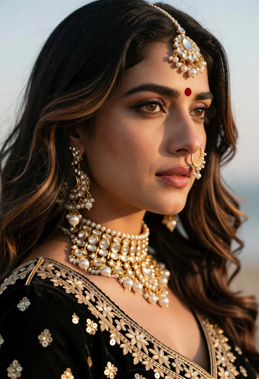 Close up portrait of woman in traditional indian jewelry against pale blue - AI generated image prompt sample