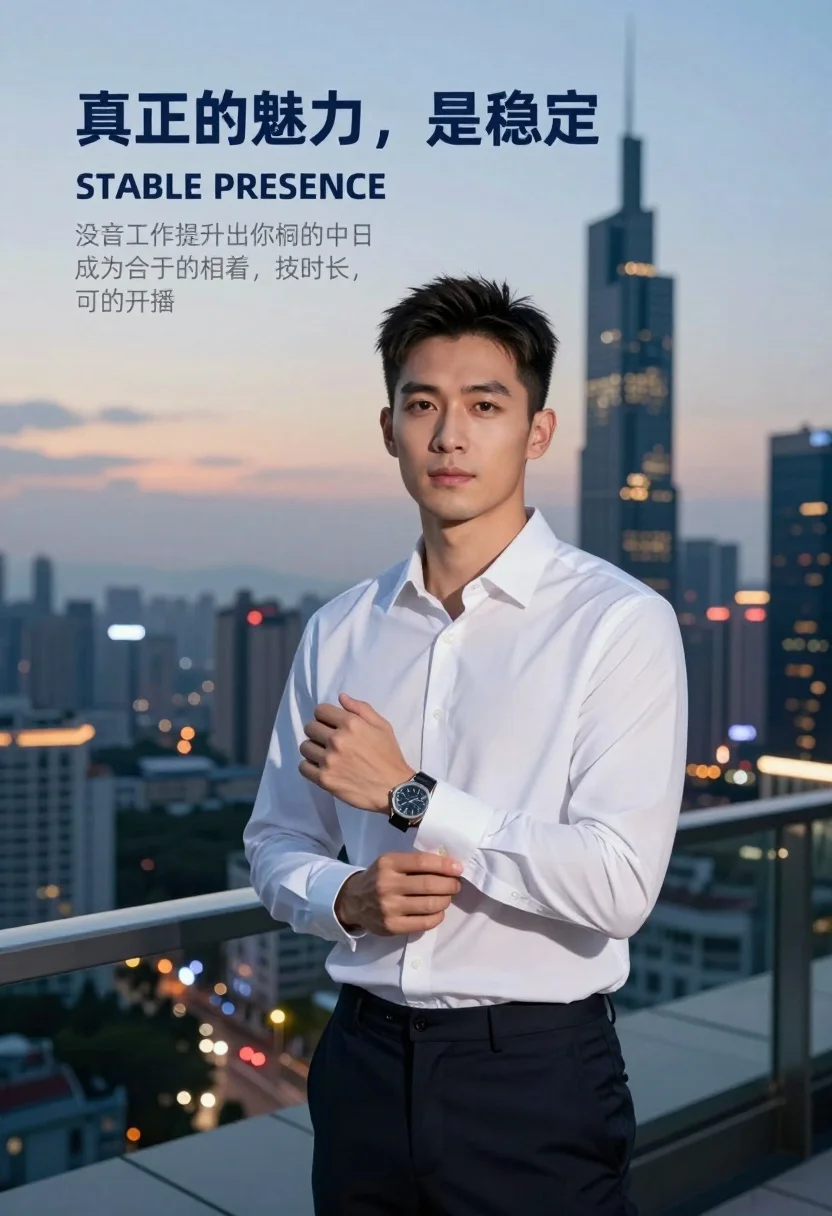 Handsome asian man adjusting shirt cuff on rooftop overlooking twilight metropolis - AI generated image prompt sample