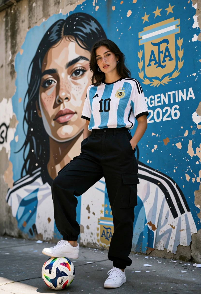 Young woman in argentina jersey posing against a blue mural backdrop - AI generated image prompt sample