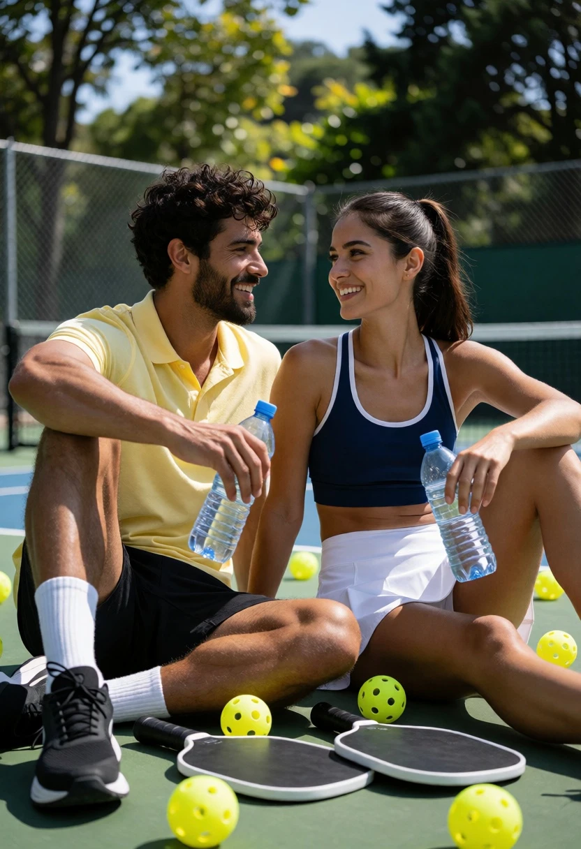 Couple resting together on a pickleball court after playing sports - AI generated image prompt sample