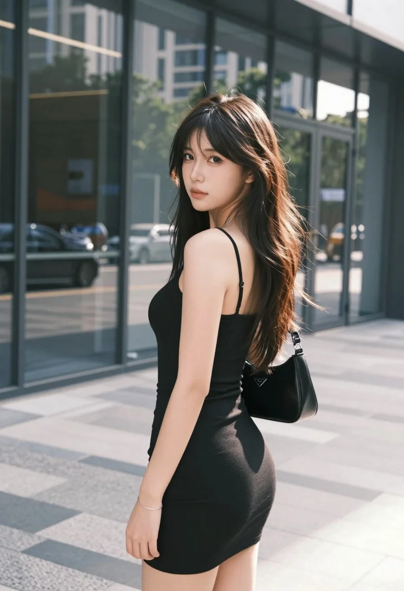 Young woman in black mini dress looking back in modern urban setting - AI generated image prompt sample