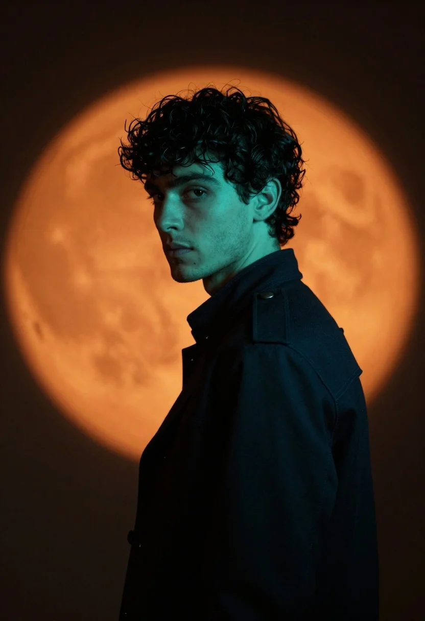 Young man in dark jacket looking back over shoulder against orange circle - AI generated image prompt sample