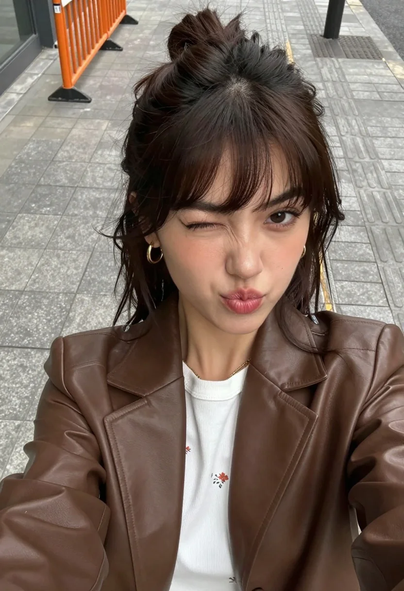High angle close up selfie of young woman in blazer on urban - AI generated image prompt sample