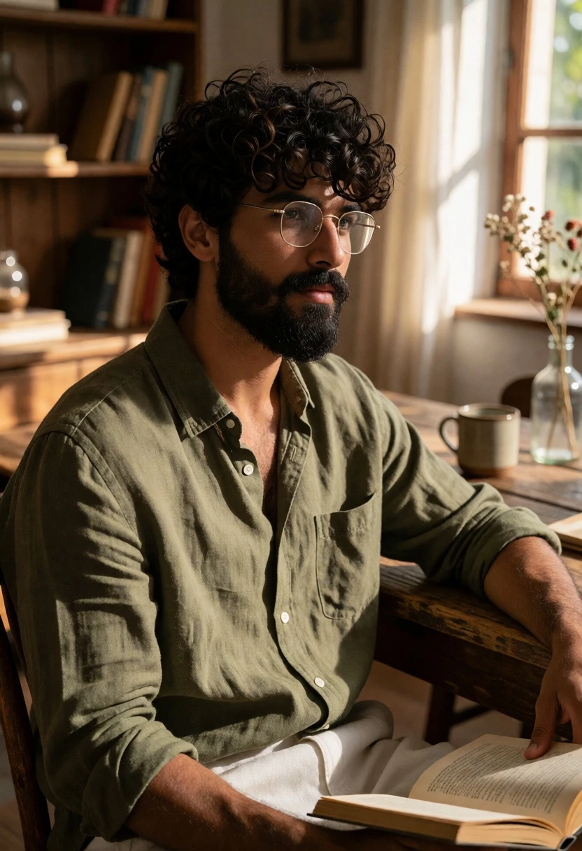 Handsome man with beard reading at wooden table in sunlit cozy interior - AI generated image prompt sample