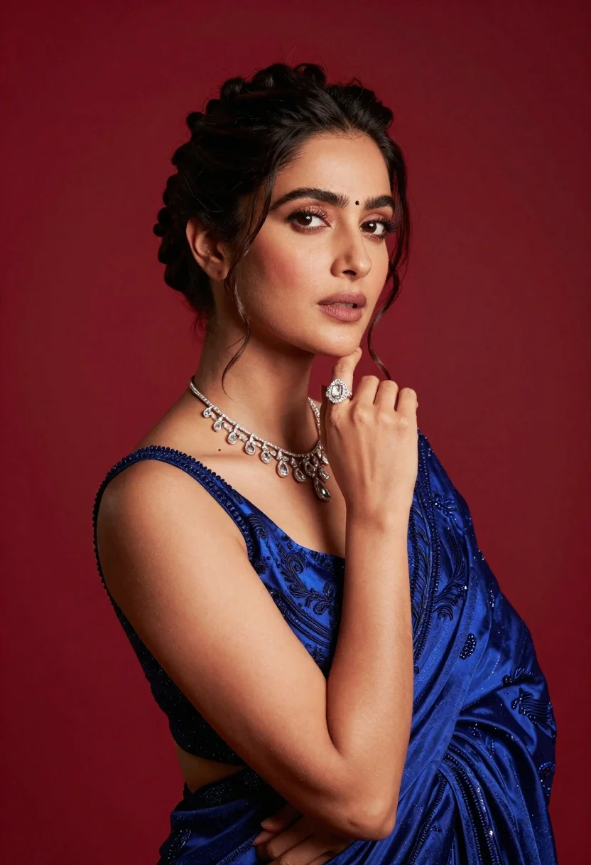 Glamorous woman in royal blue sari posing against deep red background