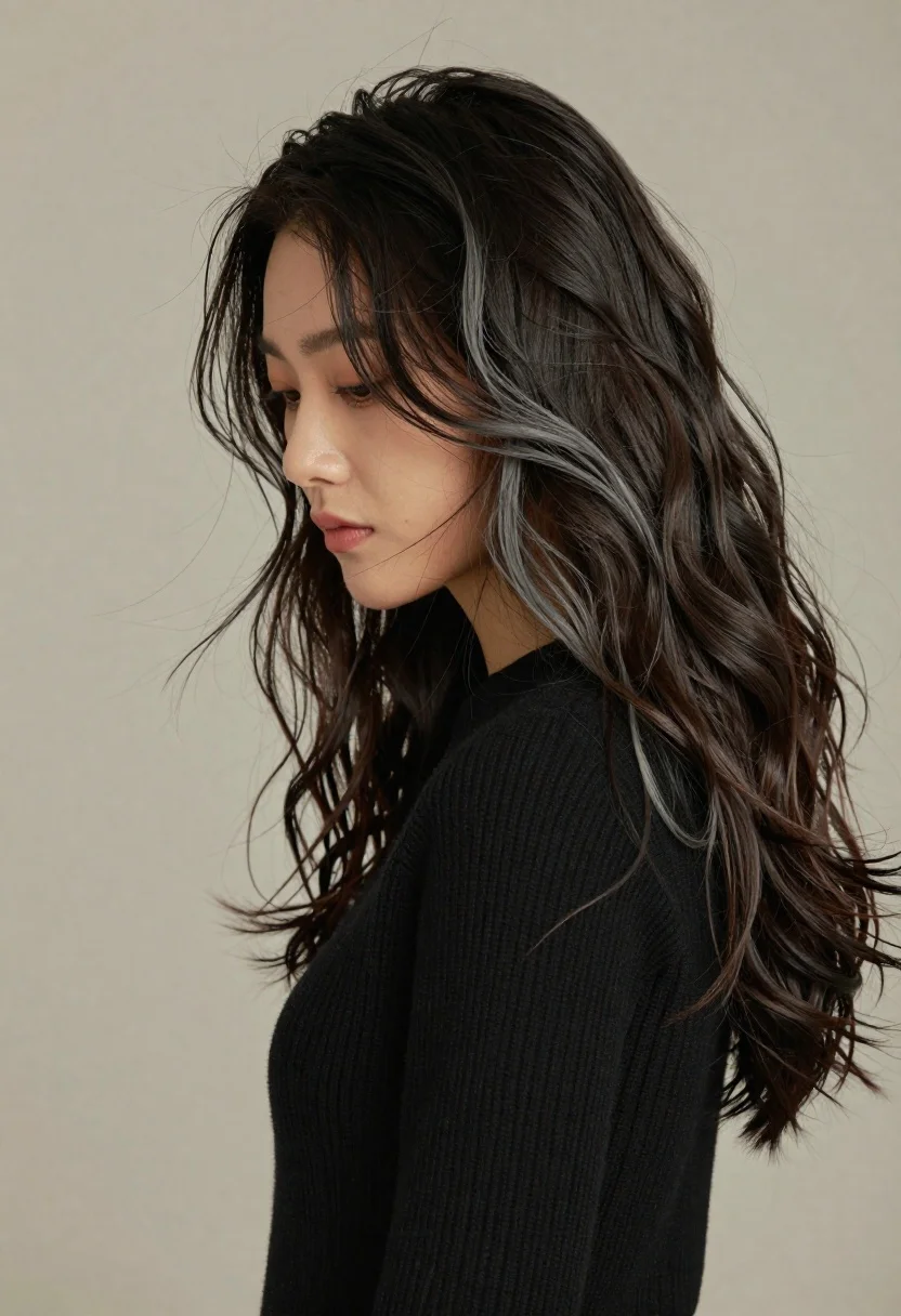 Profile portrait of woman with long dark wavy hair - AI generated image prompt sample