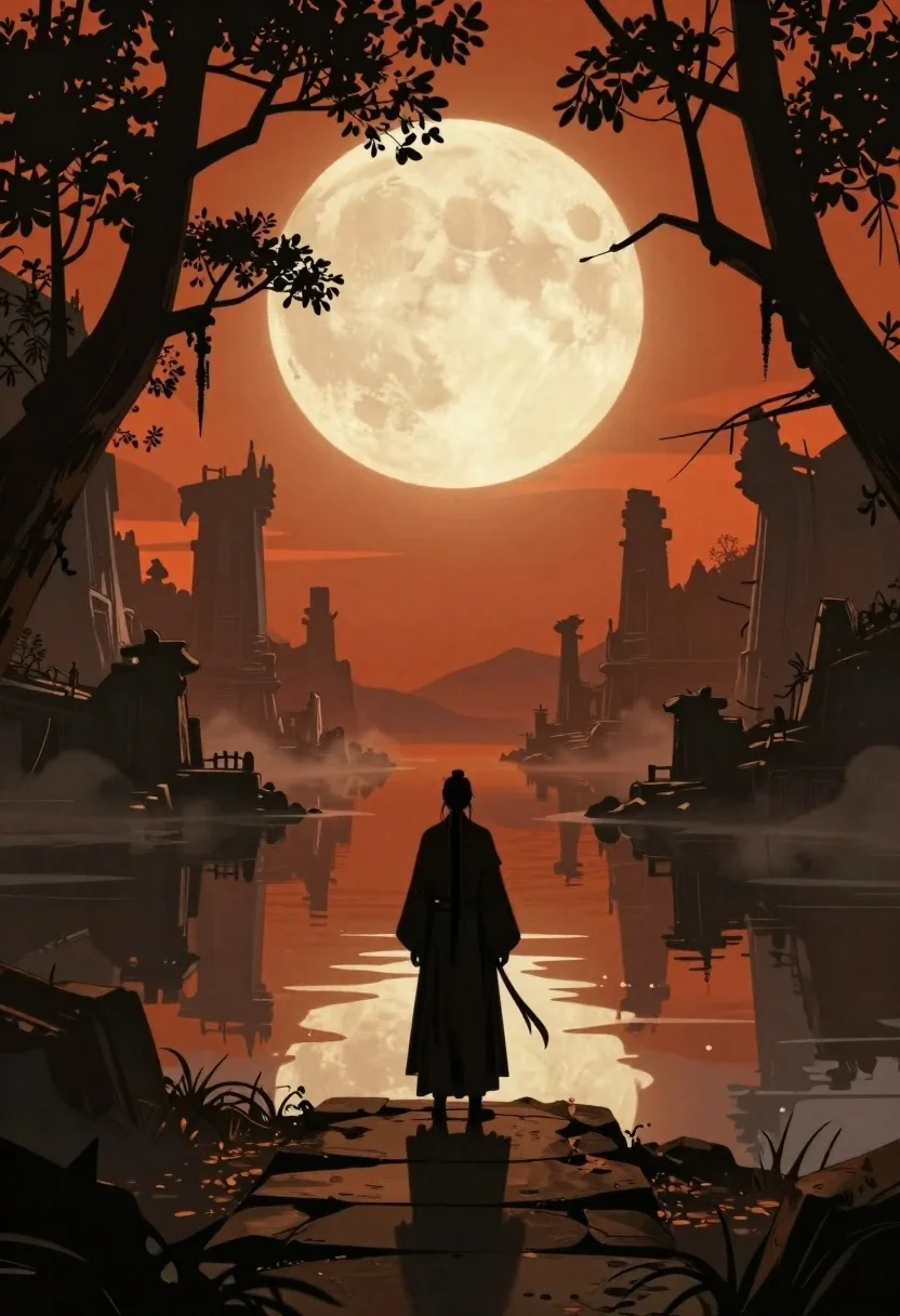 Lone figure on steps near glowing moonlit water