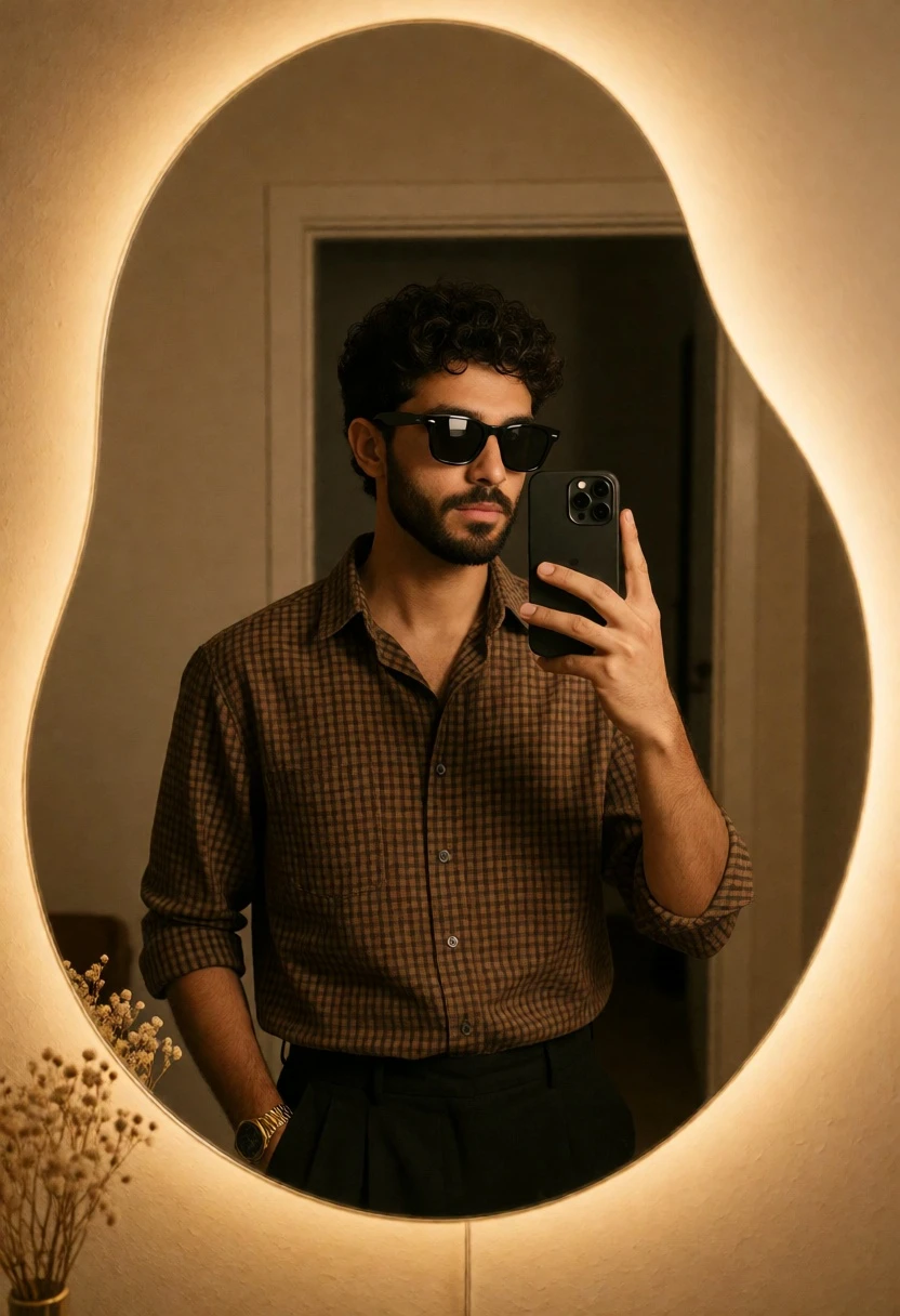 Man taking a mirror selfie in front of an irregularly shaped glowing - AI generated image prompt sample