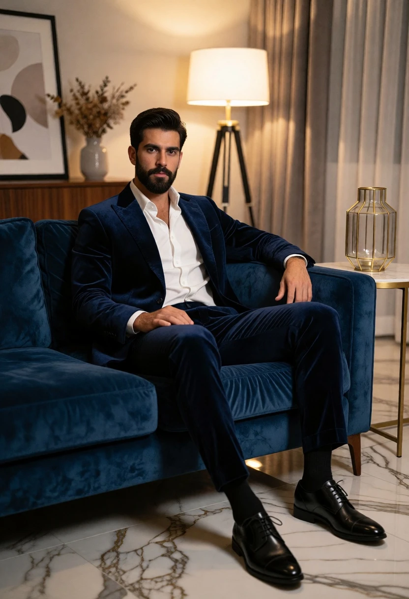 Handsome man in navy velvet suit seated on blue sofa in elegant - AI generated image prompt sample