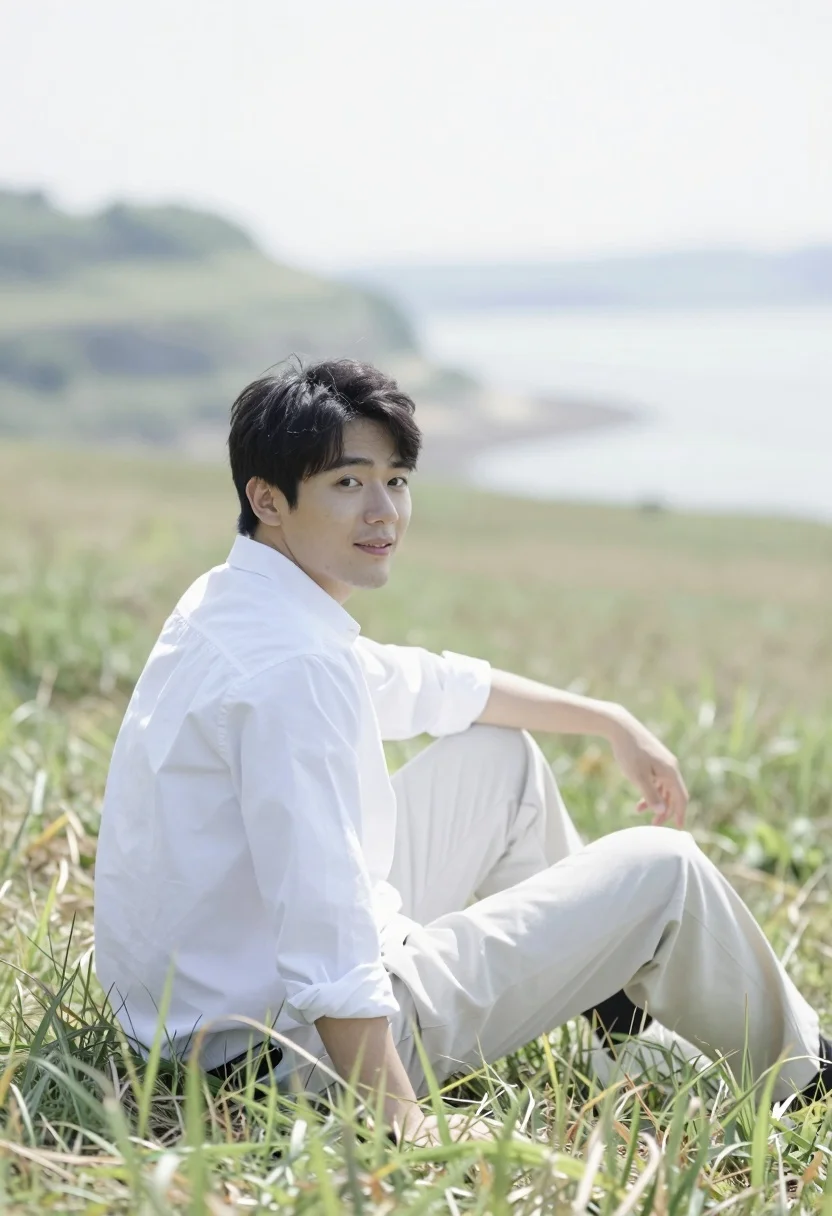 Man sitting in grassy field looking back over shoulder with water background - AI generated image prompt sample