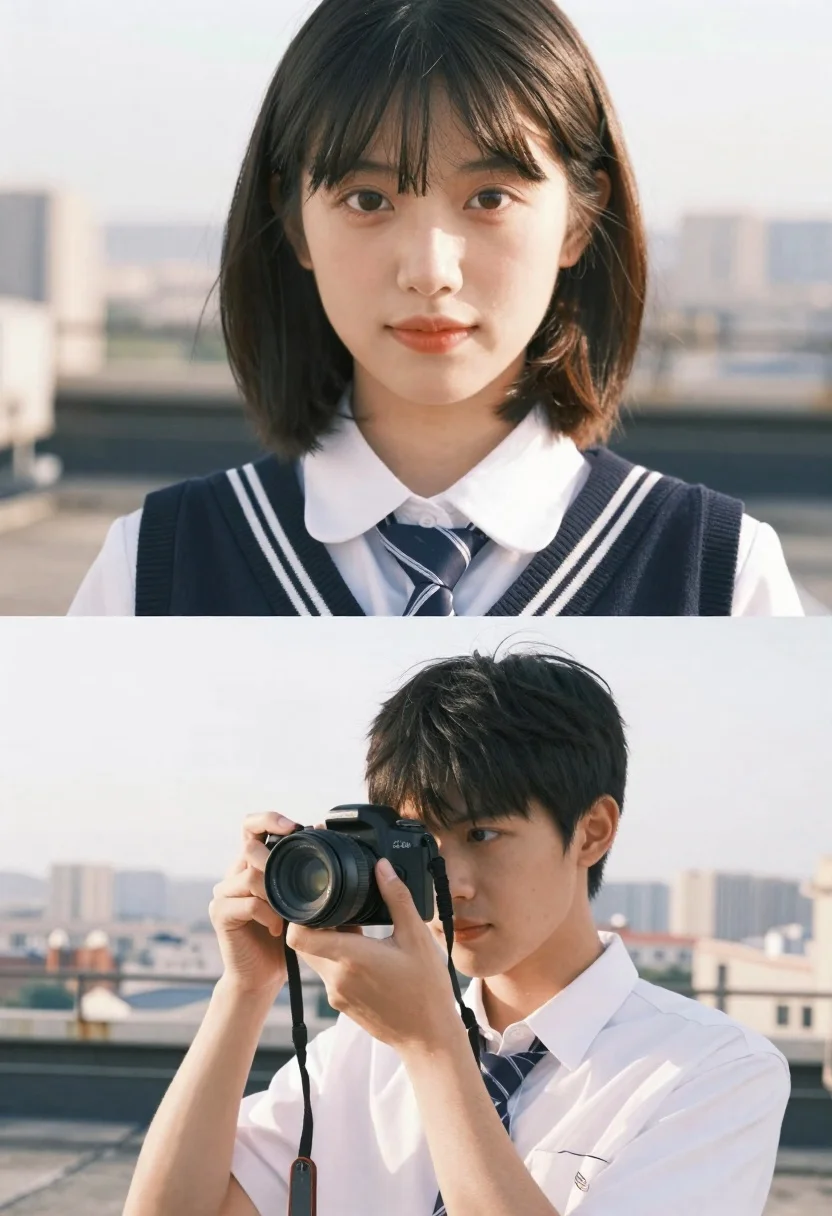 Split composition of girl in sailor uniform and boy holding camera on - AI generated image prompt sample