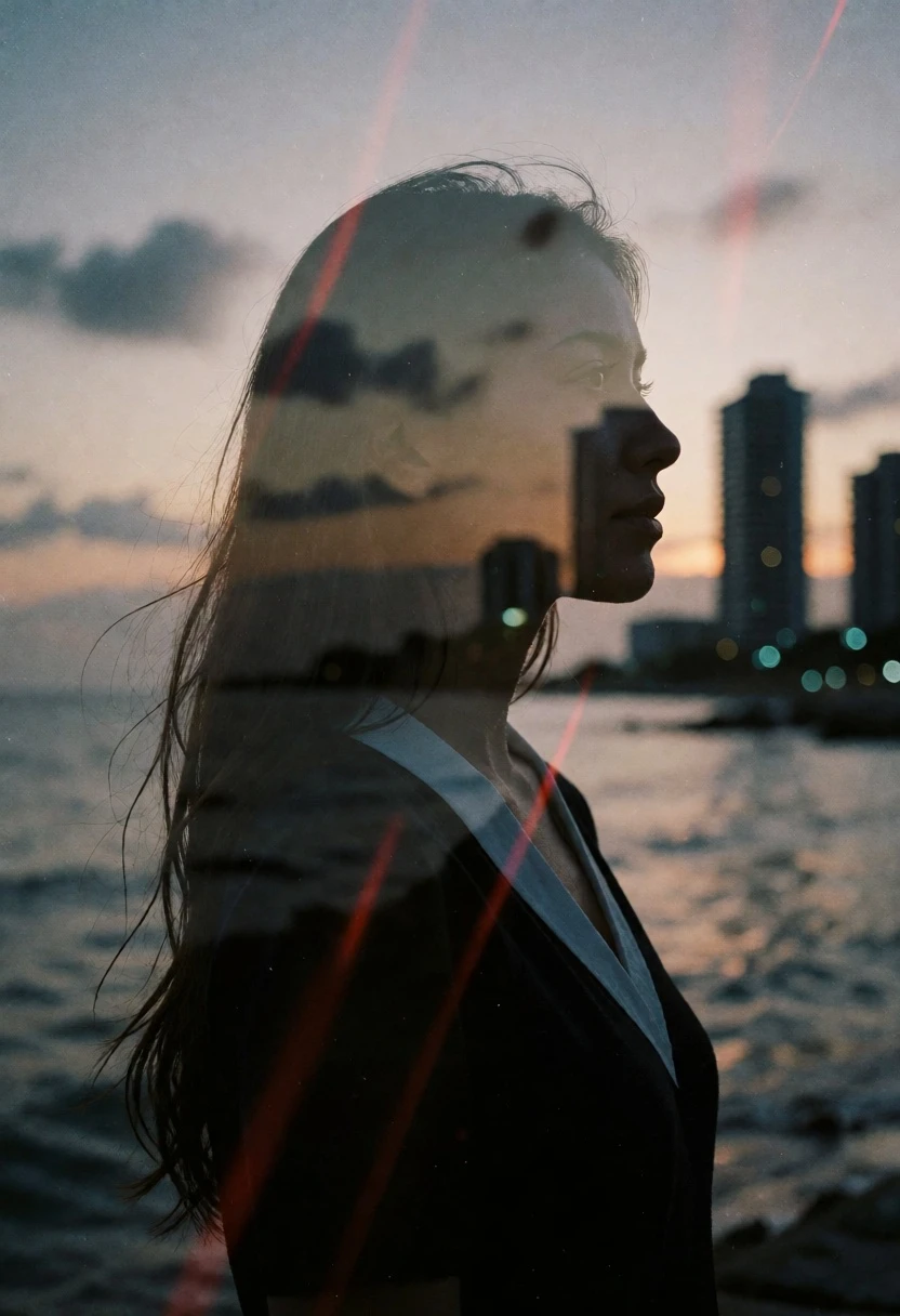 Double exposure profile woman blending with coastal cityscape at dusk - AI generated image prompt sample