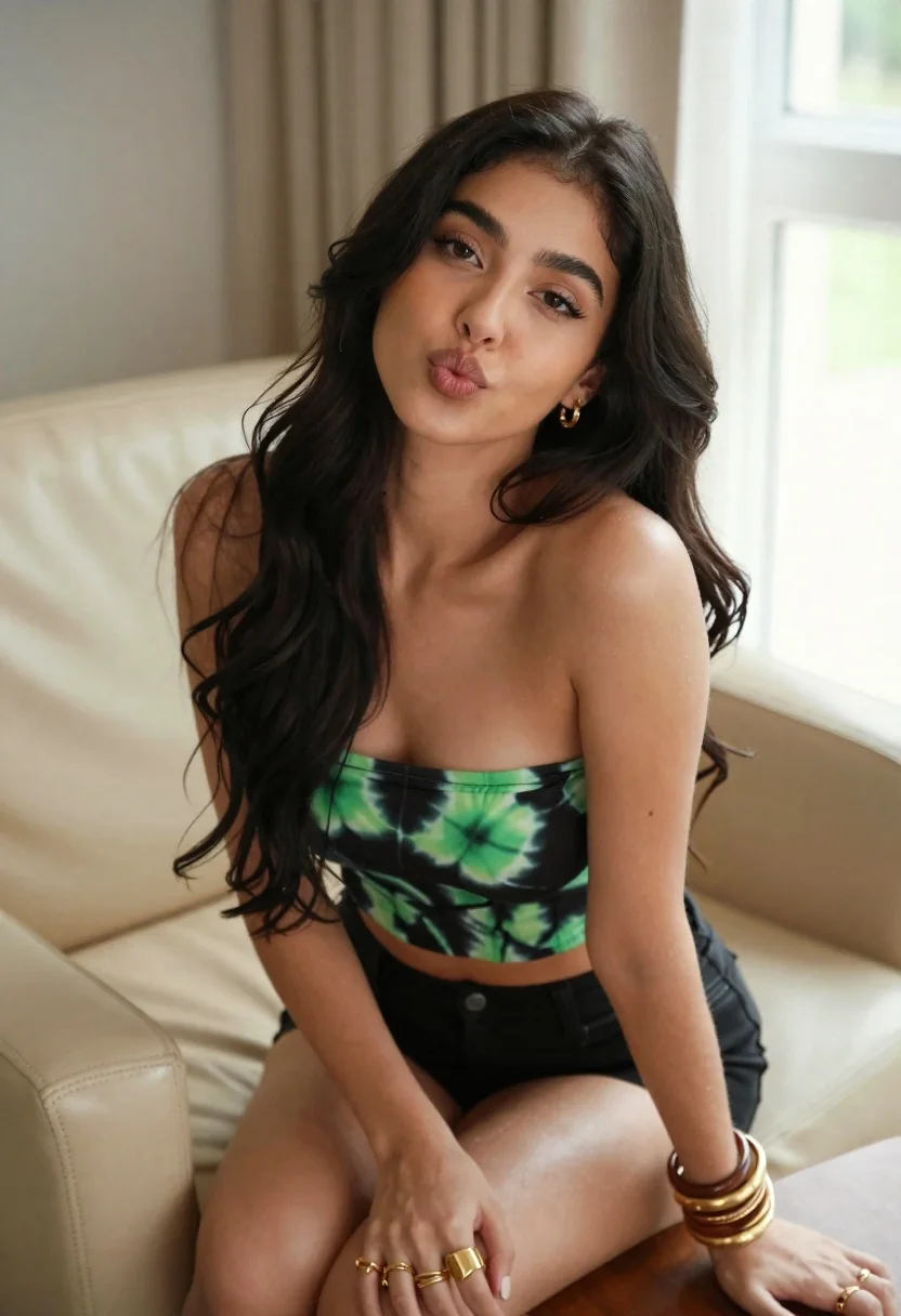 Young woman with dark wavy hair sitting indoors on beige sofa