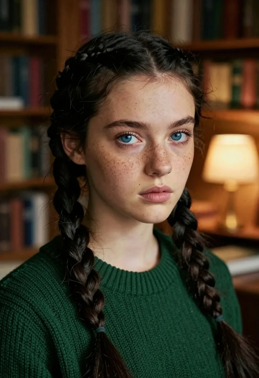 Close up portrait of young woman with blue eyes and freckles - AI generated image prompt sample